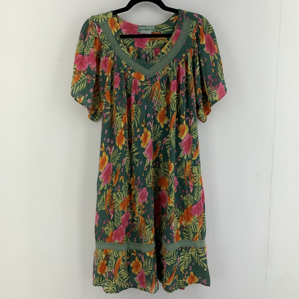Vintage Sara Morgan Midi Gauzy Dress Mumu Colorful Floral Crochet Pockets Medium